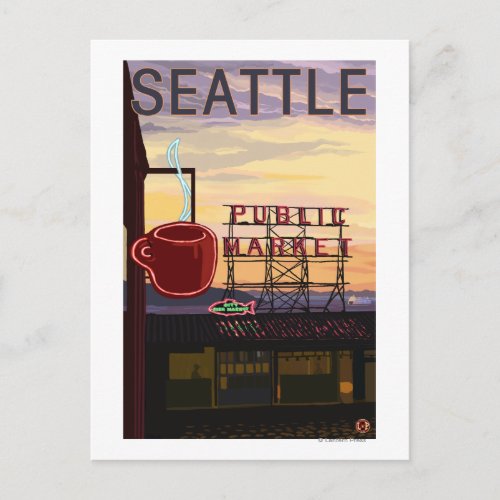 SeattlePike Place Market Sign and Water View Postcard