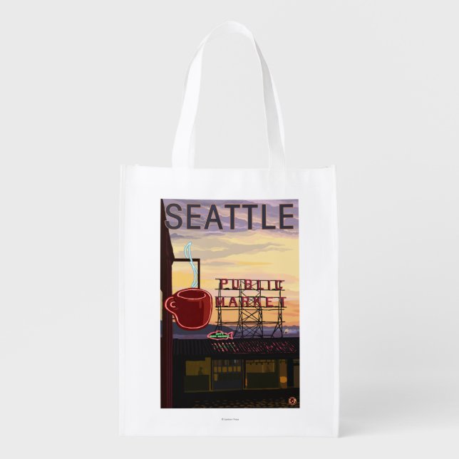SeattlePike Place Market Sign and Water View Reusable Grocery Bag (Front)
