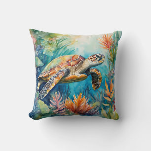 Seaturtle Watercolor Tropical Coastal Beach Throw Pillow