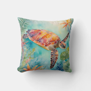 Seaturtle Watercolor Tropical Coastal Sealife Throw Pillow