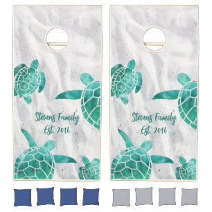 SeaTurtles White Sand Beach Wedding Teal Custom Cornhole Set