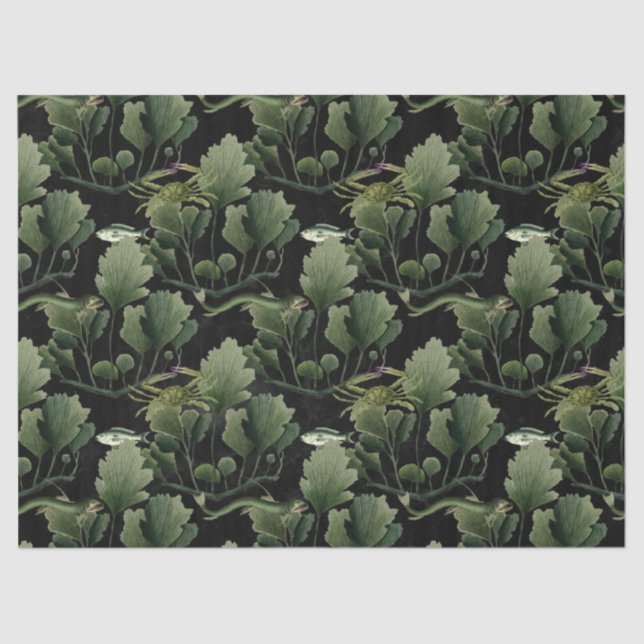 Seaweed and Fish on Black Decoupage Tissue Paper (Front)