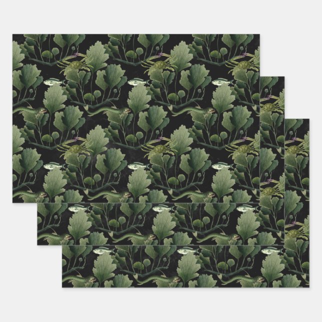 Seaweed and Fish on Black Wrapping Paper Sheets (Set)
