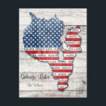 Sebago Lake Maine Map Postcard<br><div class="desc">Show your Sebago Lake,  Maine and USA pride!  This postcard displays a map of Sebago Lake,  Maine which is filled with red,  white and blue American flag graphics.  Personalize this with your name and/or address.  Send a postcard from your lake house or camp telling everyone about this beautiful place!!</div>