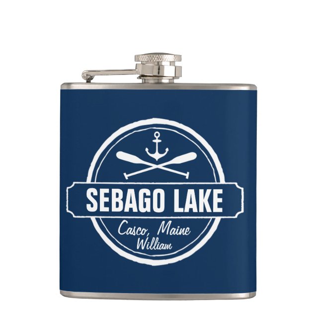 SEBAGO LAKE MAINE PERSONALIZED TOWN AND NAME FLASK (Front)