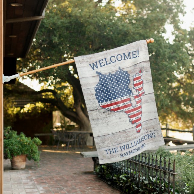 Sebago Lake Maine Welcome to the Lake Personalized House Flag (In SItu)