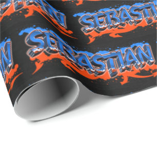 Sebastian First Name Name Graffiti blue orange Wrapping Paper