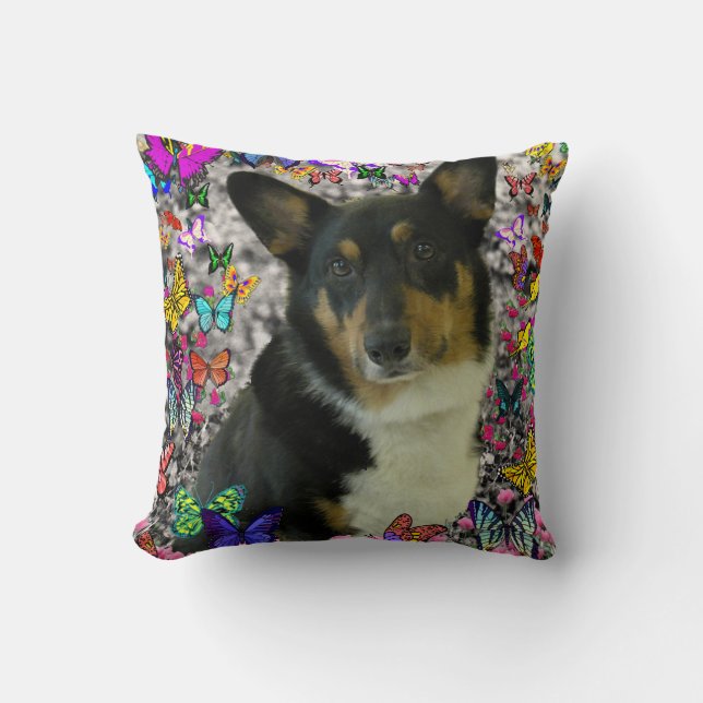 Sebastian the Welsh Corgi in Butterflies Throw Pillow (Front)