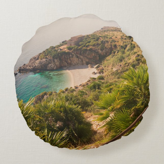 Secluded beach in Lo Zingaro, Sicily Round Pillow (Back)