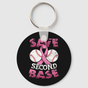Second 2nd Base Fun Baseball Breast Cancer Awarene Keychain