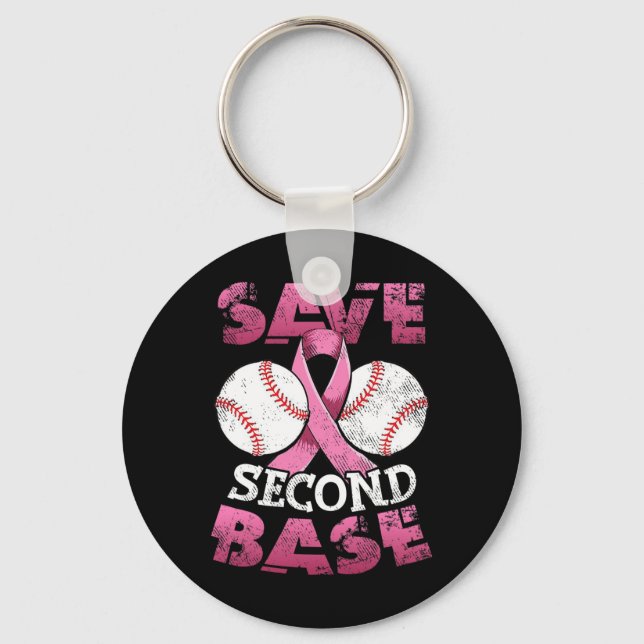 Second 2nd Base Fun Baseball Breast Cancer Awarene Keychain (Front)