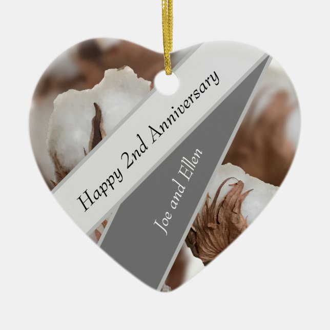 Second Anniversary with Cotton plant Heart Shaped Ceramic Ornament (Front)
