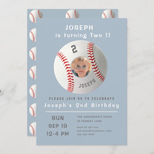 Second Birthday Blue Sport Photo Baseball  Invitation