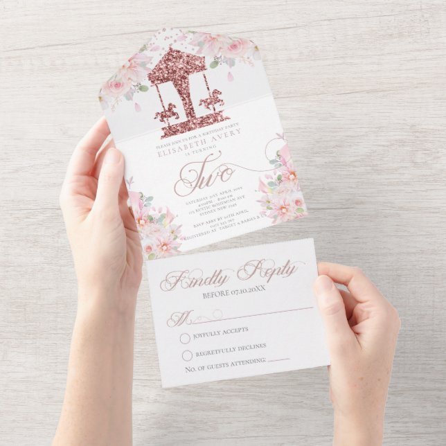 Second Birthday Carousel Floral Glitter  All In One Invitation (Tearaway)