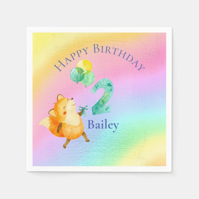 Second Birthday Custom Name Rainbow Balloons  Napkins (Front)