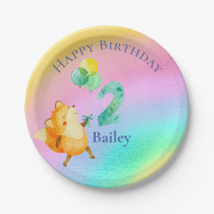 Second Birthday Custom Name Rainbow Balloons Paper Plates