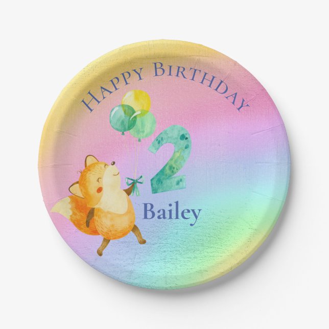 Second Birthday Custom Name Rainbow Balloons Paper Plates (Front)