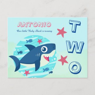 Second birthday cute baby shark under the sea blue invitation postcard