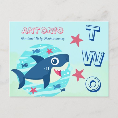 Second birthday cute baby shark under the sea blue invitation postcard