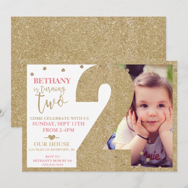 Second Birthday Gold Glitter & Pink Invitation (Front/Back)