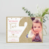 Second Birthday Gold Glitter & Pink Invitation (Standing Front)