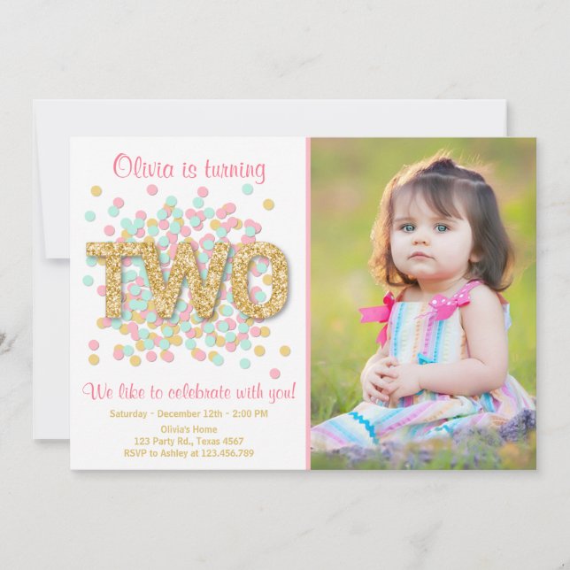 Second Birthday Invitation Girl Pink Gold Mint Two (Front)