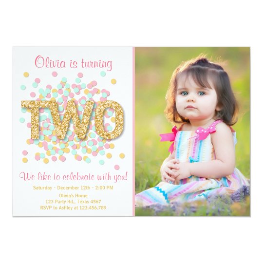 second birthday invitation girl pink gold mint two second birthday invitations