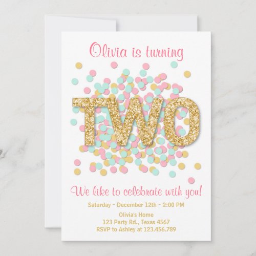 Second Birthday Invitation Girl Pink Gold Mint Two