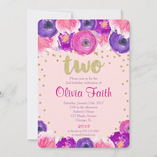 Second birthday invitation girl, pink purple gold (Front)