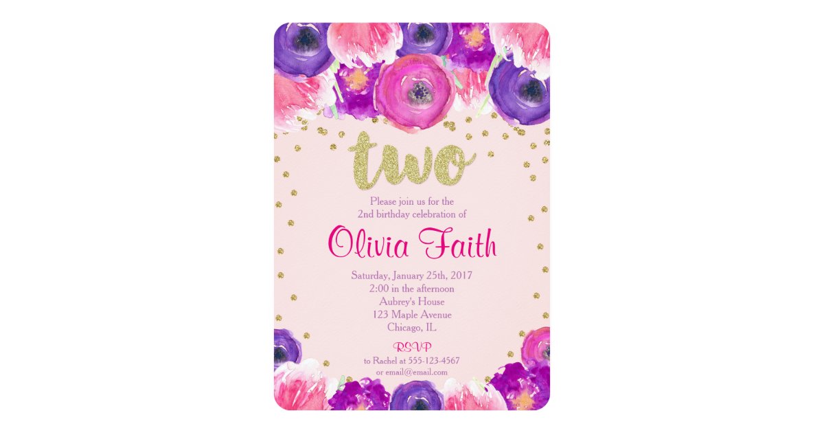 Second Birthday Invitation Girl Pink Purple Gold Zazzle Com