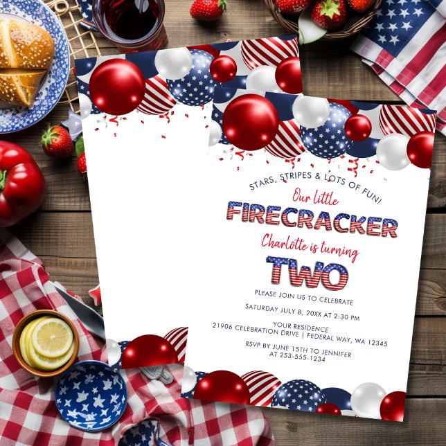 Second Birthday Little Firecracker Balloon Party Invitation (Second Birthday Little Firecracker Balloon Party Invitation)