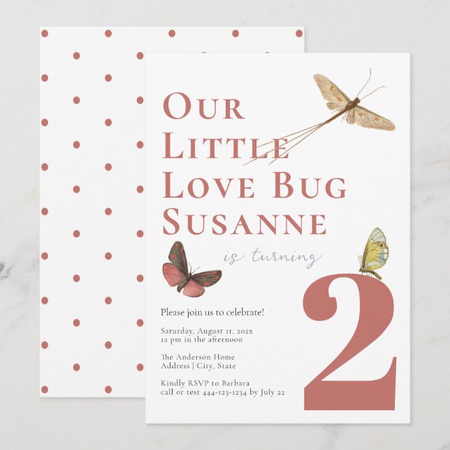 Second Birthday Love Bug Baby Girl Invitation (Front/Back)