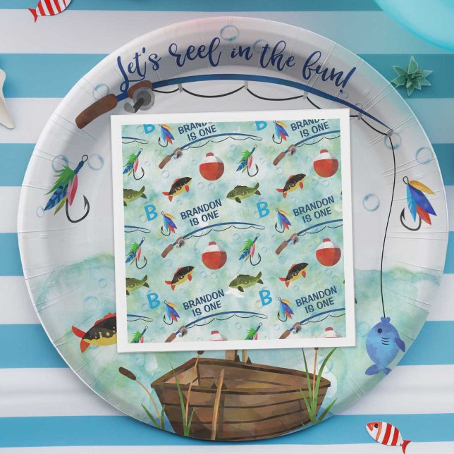 Second birthday o-fish-ally fishing themed party napkins (O fish ally one, boy 1st birthday fishing themed, birthday nakins.)
