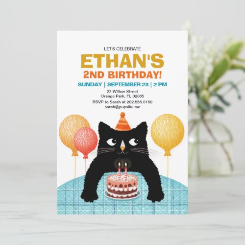 SECOND birthday party cat with cake and  candles Invitation