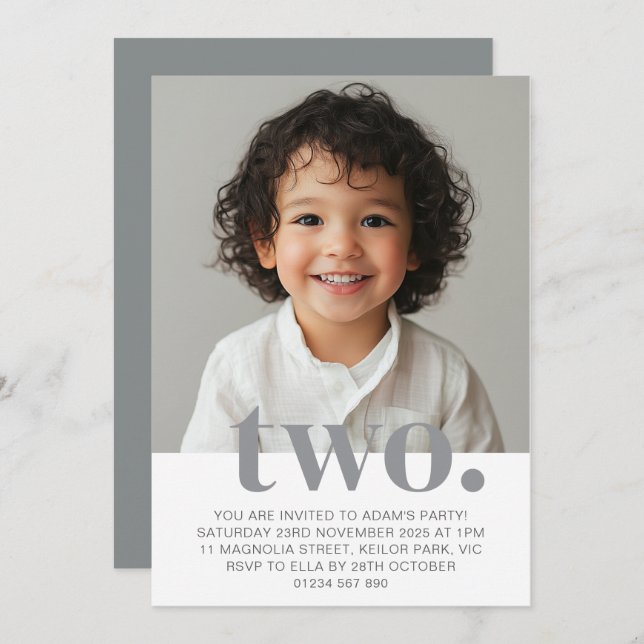 Second Birthday Photo Invitation in Grey (Front/Back)
