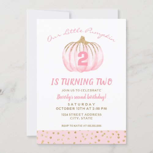 Second Birthday Pink Little Pumpkin is Turning Two Invitation