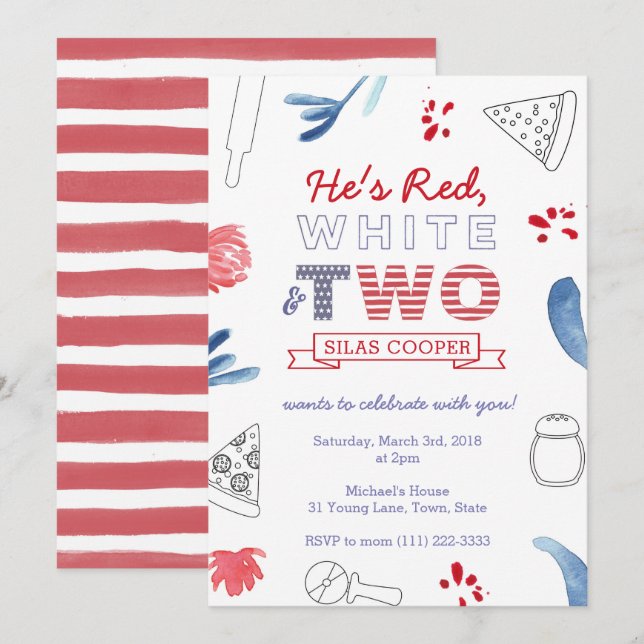Second Birthday Pizza Party Red White and Blue Invitation (Front/Back)