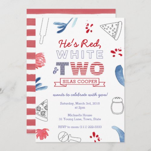 Second Birthday Pizza Party Red White and Blue Invitation