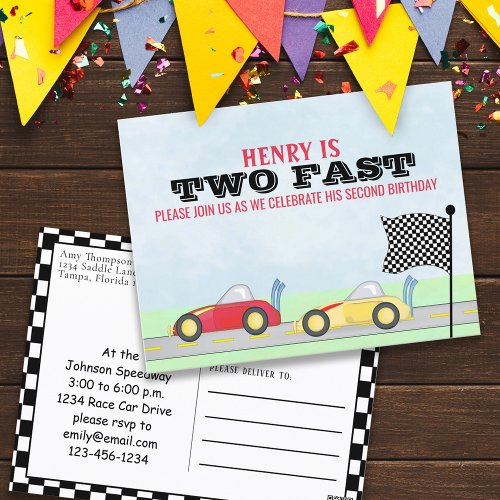 Second Birthday Race Car Two Fast Cute Track Postcard