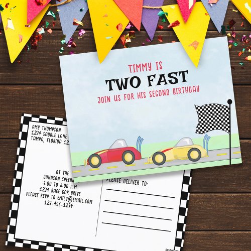 Second Birthday Race Car Two Fast Cute Track Postcard