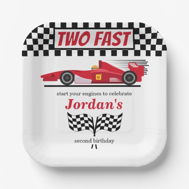 Second Birthday Red Race Car Two Fast Paper Plates (Front)