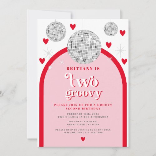 Second Birthday Valentines Heart Retro Disco arch  Invitation