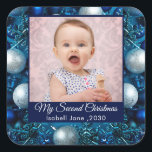 Second Christmas Custom Family Photo Text blue Square Sticker<br><div class="desc">Retro script Baby's First Christmas photo Ceramic Ornament</div>