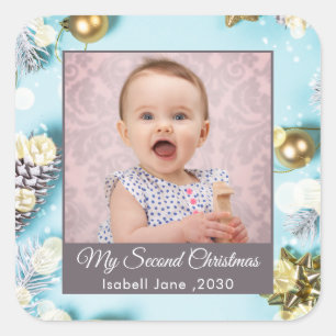 Second Christmas Custom Family Photo Text blue Square Sticker