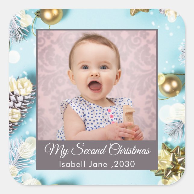 Second Christmas Custom Family Photo Text blue Square Sticker (Front)