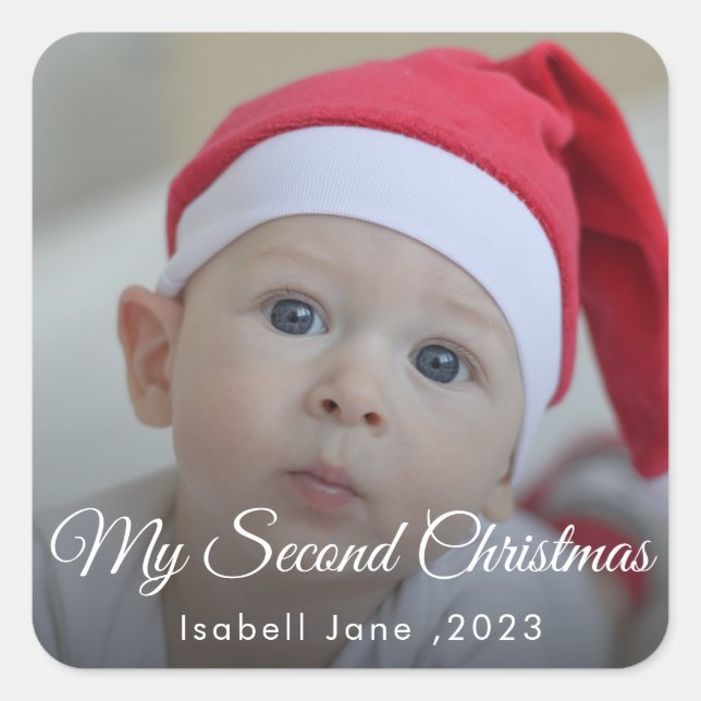 Second Christmas Custom Family Photo Text Template Square Sticker (Front)
