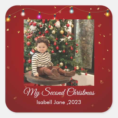 Second Christmas Custom Family Photo Text Template Square Sticker