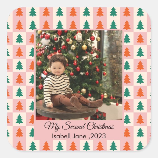 Second Christmas Custom Family Photo Text Template Square Sticker (Front)