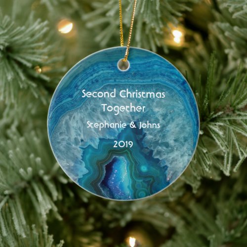 Second Christmas Together Agate Geode Blue Cool Ceramic Ornament