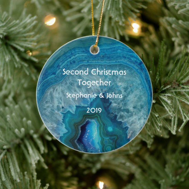 Second Christmas Together Agate Geode Blue Cool Ceramic Ornament (Tree)